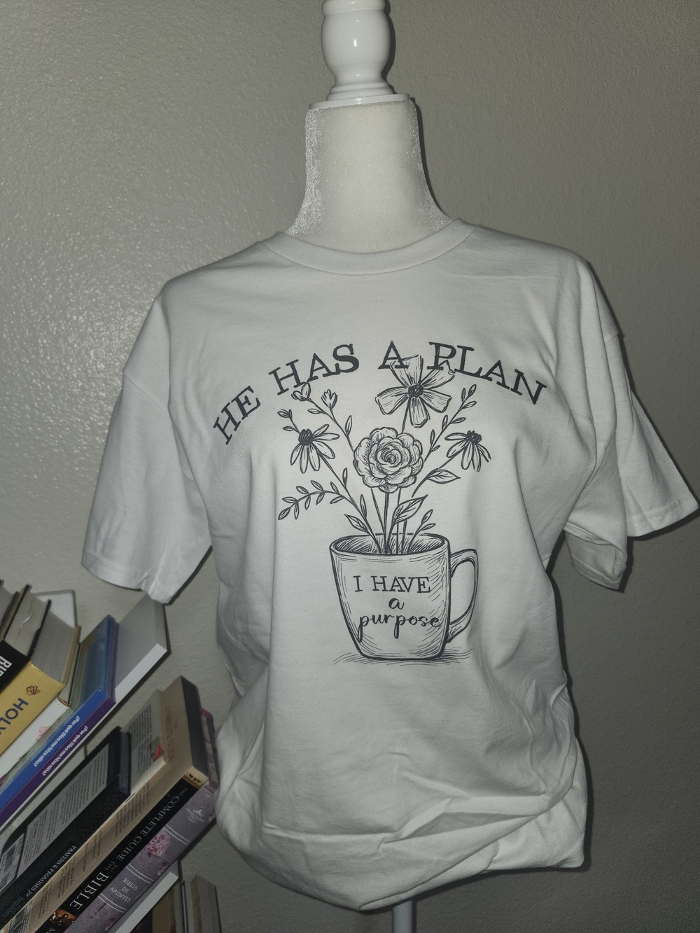 Gildan White Short Sleeve Tee with Black Floral Mug Graphic